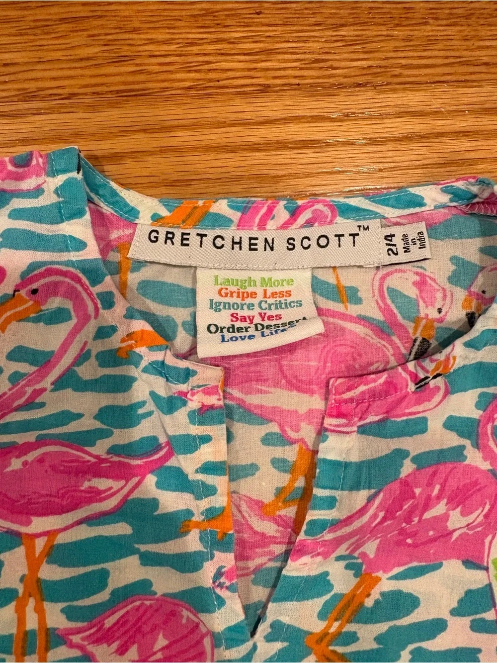 Gretchen Scott Designs Pink Flamingo Kids Pajama Top with Turquoise Waves